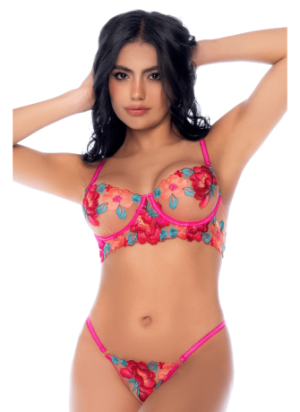 Ensemble 2 pièces résille brodée rose et bleue, soutien gorge et string - MAL8927SEGA